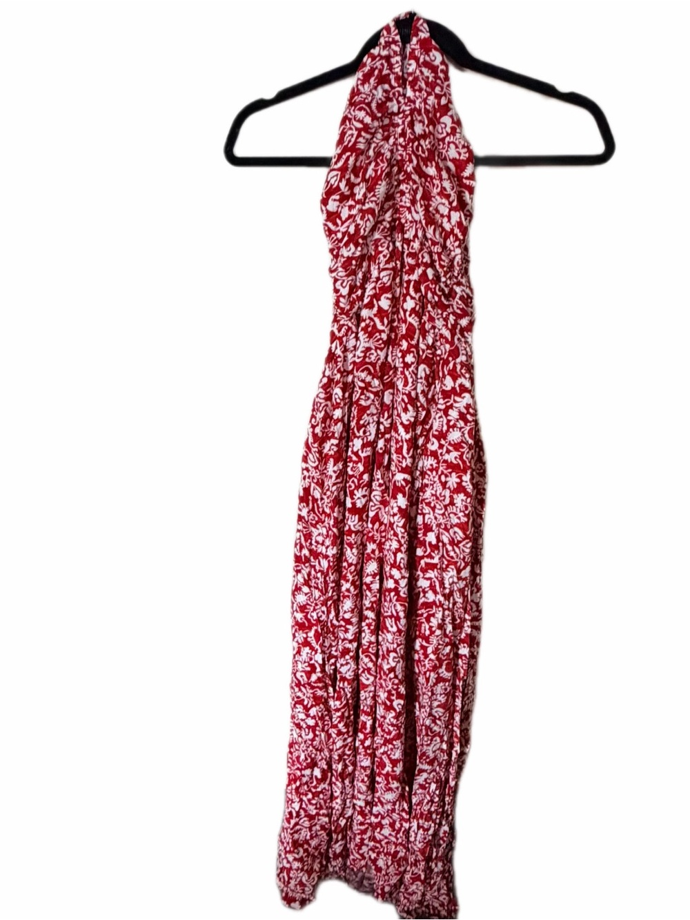 Red and white ruched halter wedding guest maxi dress L